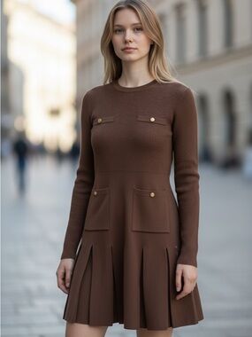 Zara Brown Long-Sleeve Knit Pleated Short Dress
